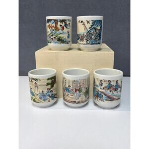 Korean Folklore Pictures Set of 5 Sake Tea Cups Shot Glasses Sechon Ceramic